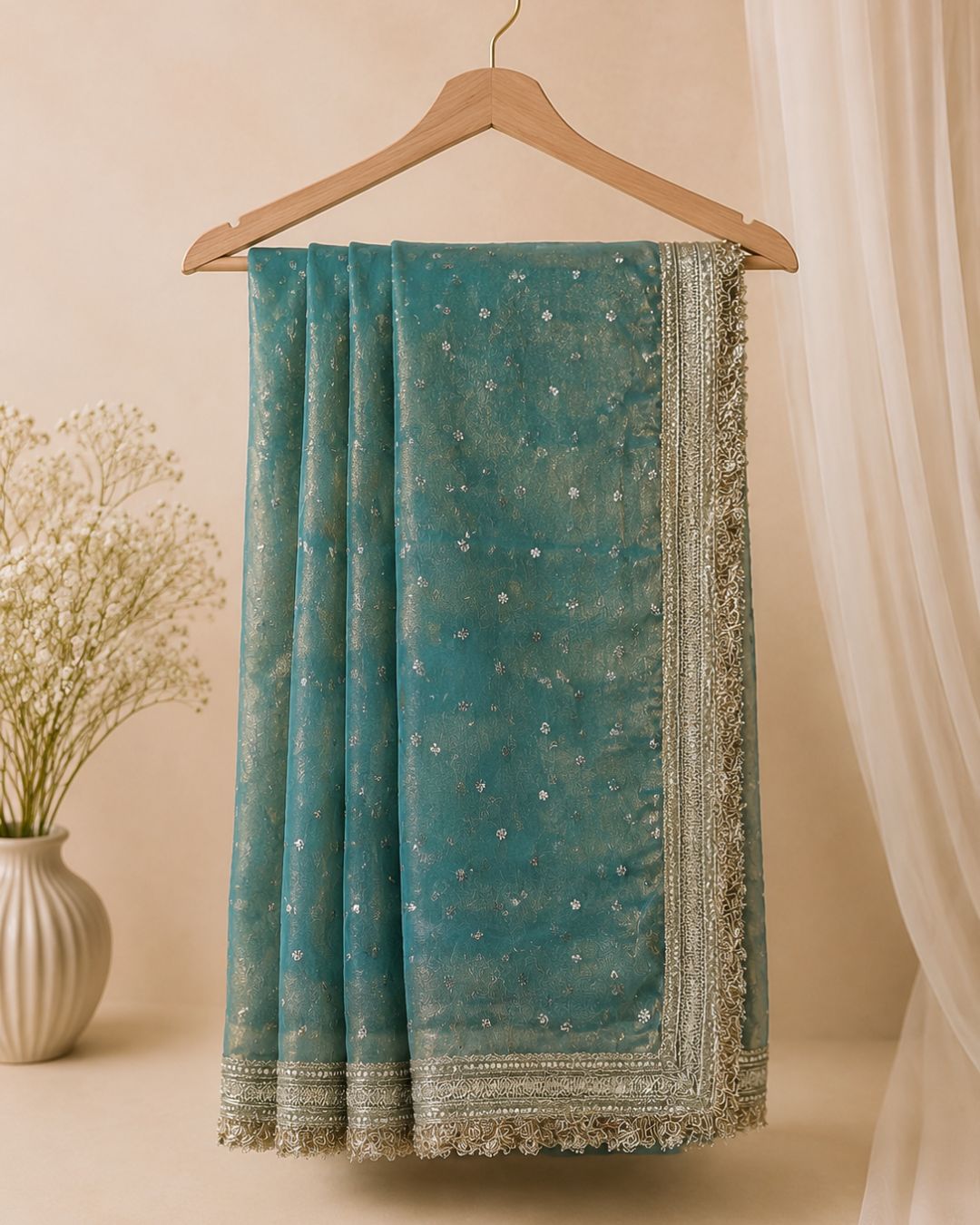 Teal Blue Colour Space Silk Work Saree