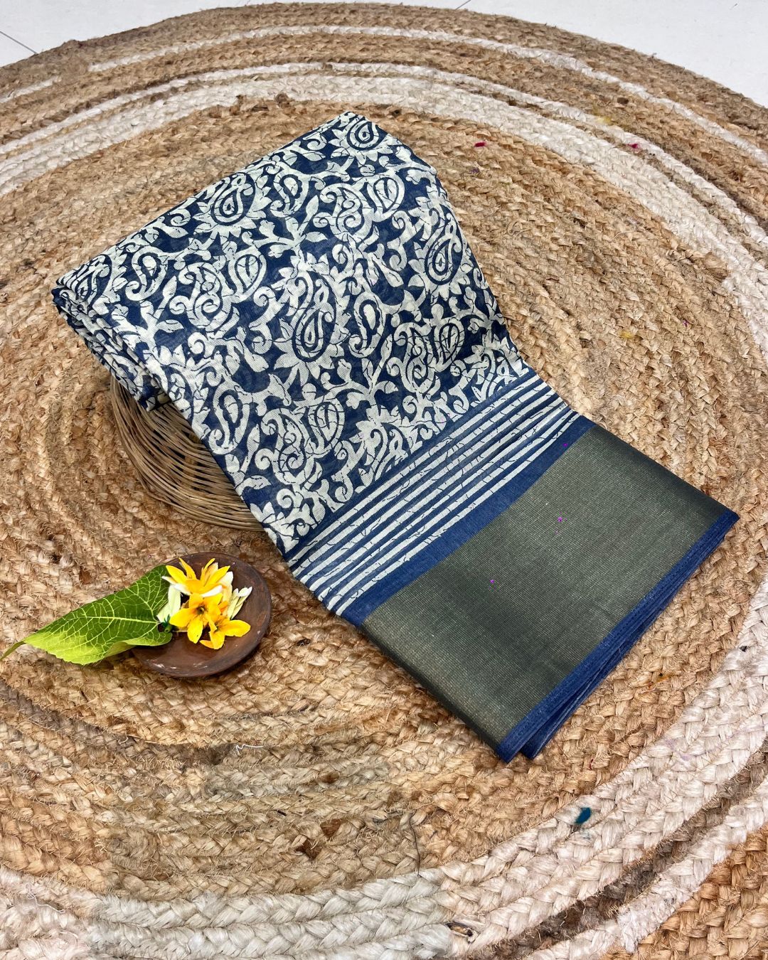 Petrol Blue Colour Cotton-Blend Paisley Printed Saree