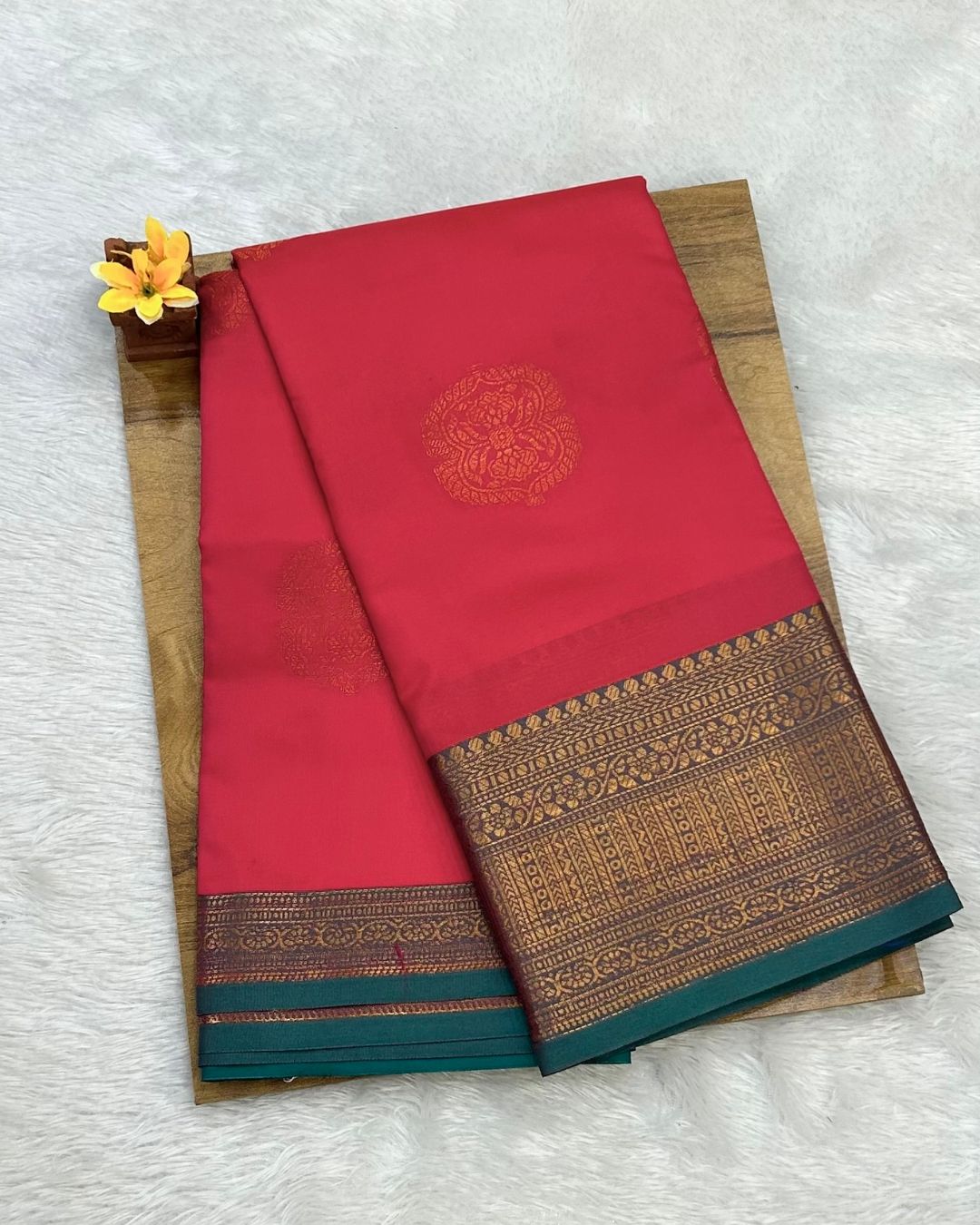 Coral Red Colour Semi Silk Saree