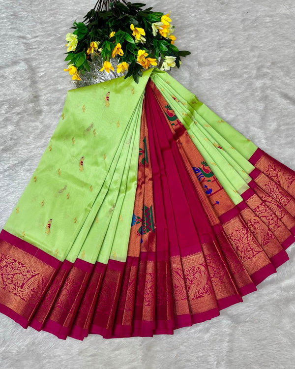 Light Parrot Green Colour Peacock Paithani with Contrast  Blouse