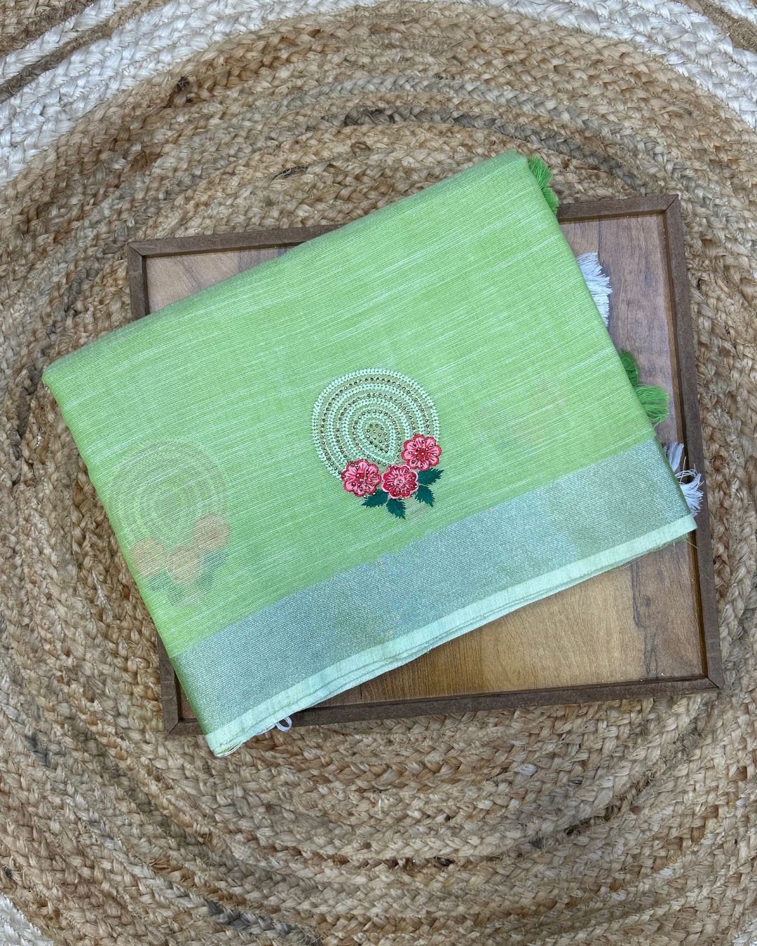 Light Parrot Green Colour Linen Cotton Saree