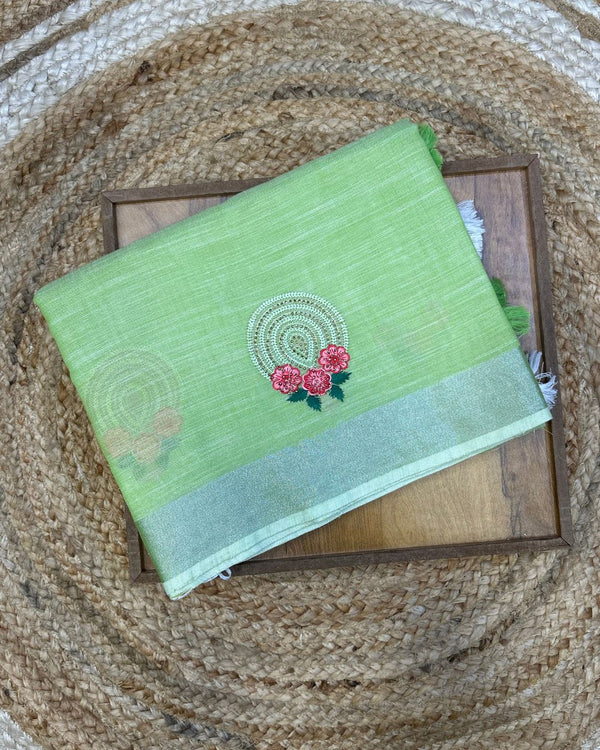 Light Parrot Green Colour Linen Cotton Saree