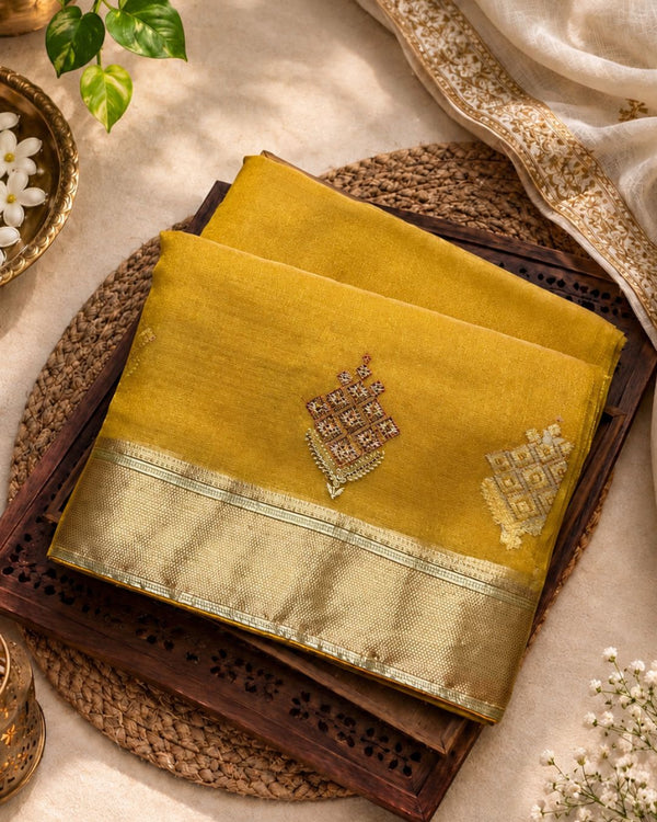 Golden Yellow Colour Organza Silk Saree with Golden Zari Border