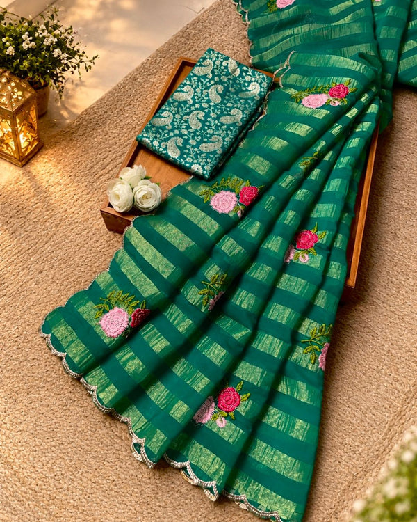 Emerald Green Colour Floral Golden Zari Border Saree