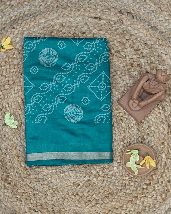 Dusty Rama Green Colour Mal Cotton Bandhani Printed Saree