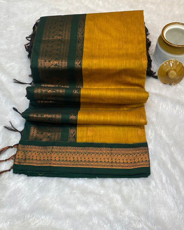 Mustard Yellow Colour Gadwal Cotton Silk Saree