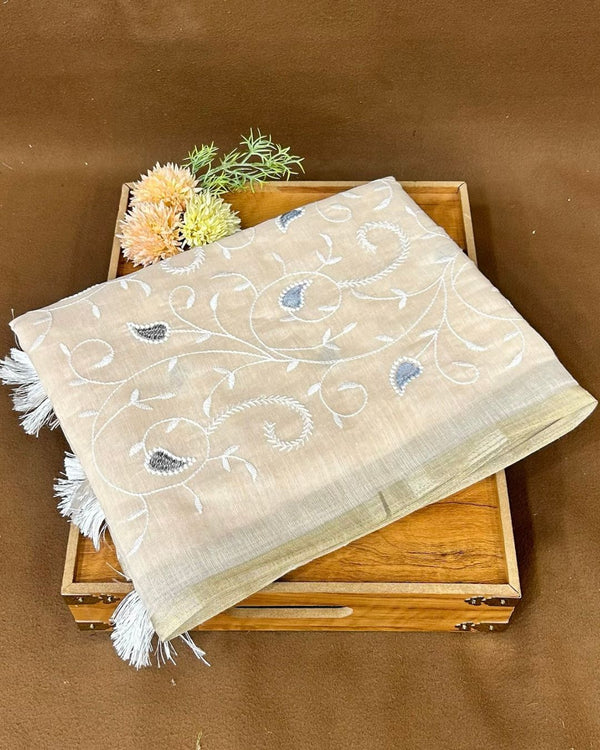 Light supreme brown Colour Cotton Thread Work Saree