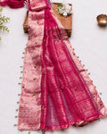 Rani Pink Colour Designer Organza Silk Saree with Bead Tassels & Gungroo