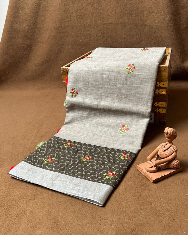 Khaki Brown Colour Cotton Floral Embroidery Saree