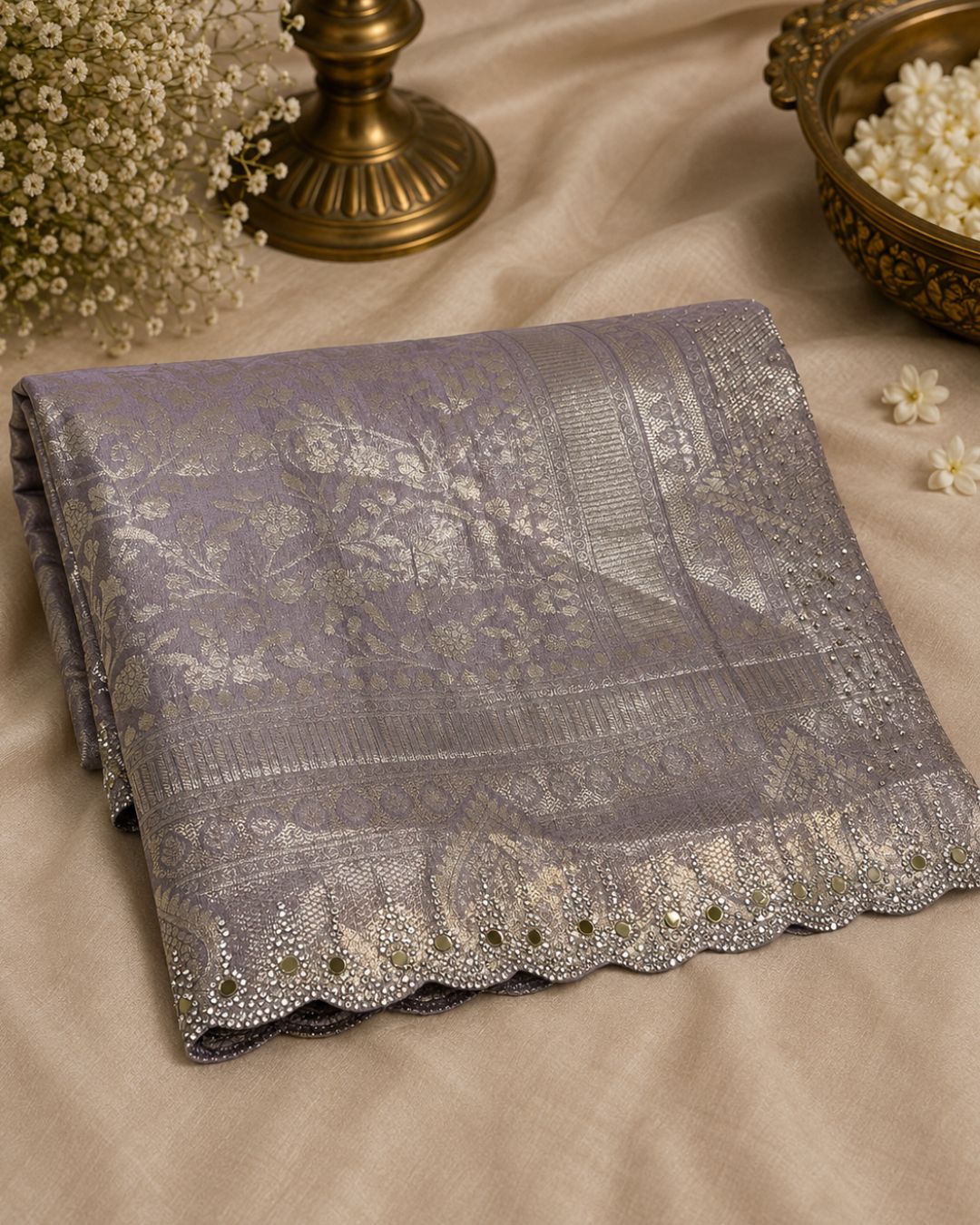 Lilac Pink Colour Jarkan Cut Work Border Tissue Silk Saree M 15238