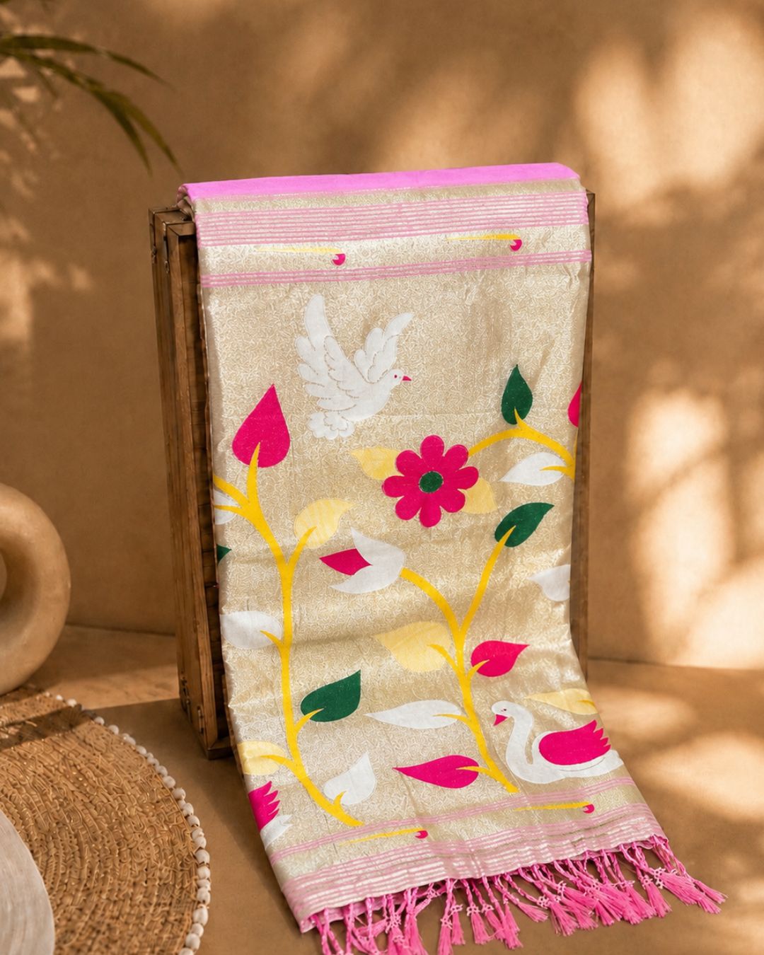 Pink Colour Cotton Meenakari Work Saree