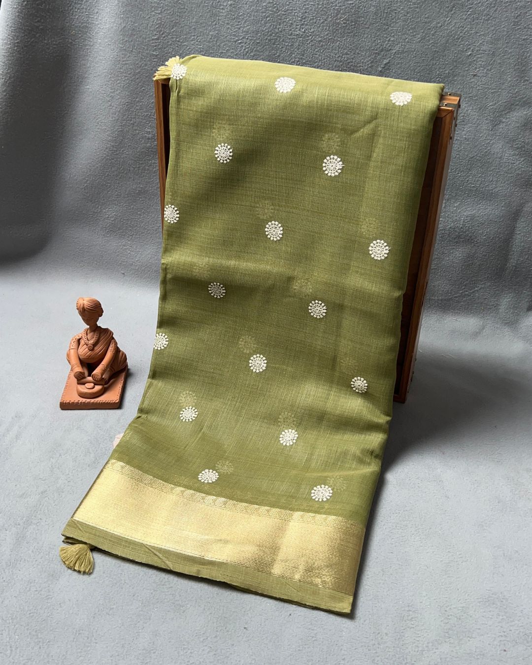 Olive Green Saree with Butti Work & Golden Zari Border