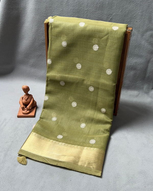 Olive Green Saree with Butti Work & Golden Zari Border