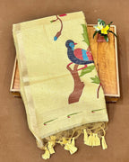 Cream Beige Gold Colour  Thread work Cotton Saree