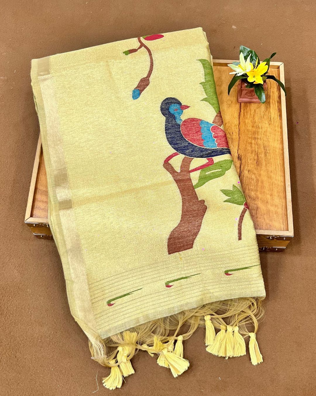 Cream Beige Gold Colour  Thread work Cotton Saree
