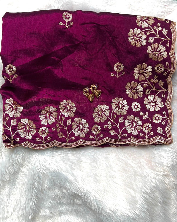 Wine Colour Vichitra Silk Cut Wok Border Saree