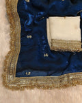 Petrol Blue Colour Soft Fandy Work Saree