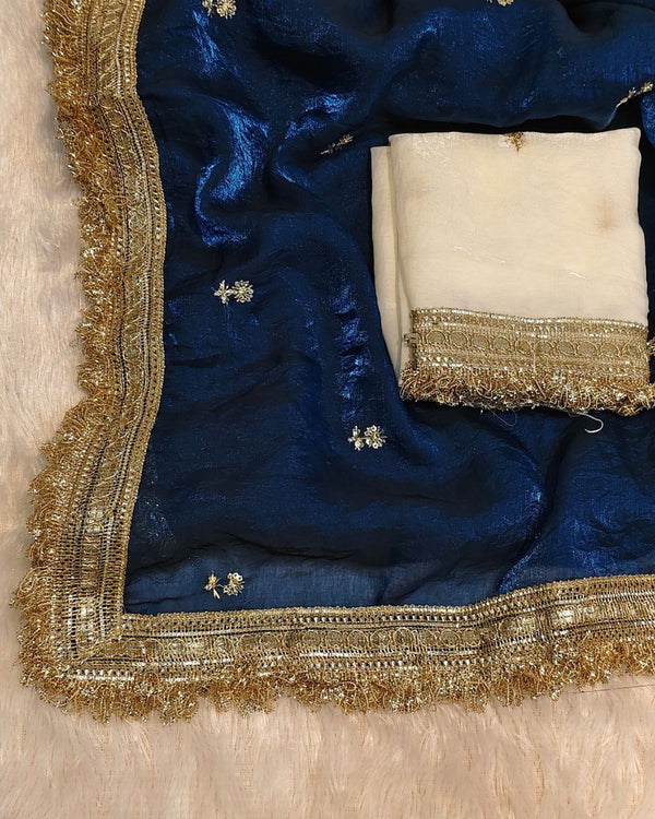 Petrol Blue Colour Soft Fandy Work Saree