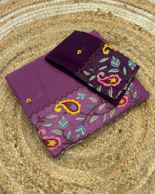 Magenta Colour Shimmer Georgette Thread Work Saree