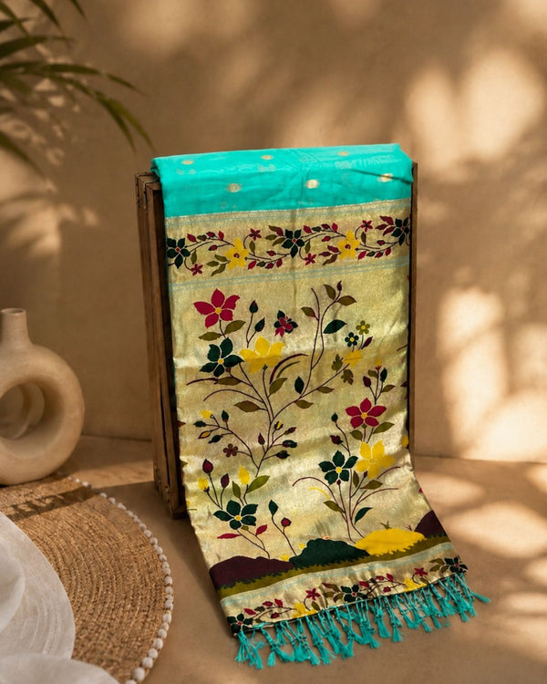 Turquoise Colour Cotton Meenakari Work Saree