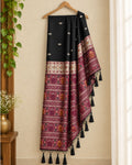 Black Colour Cotton Jamdani Saree with Patola Print rich Pallu