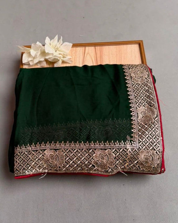 Forest Green Colour Art Silk Work Saree with Contrast Blouse