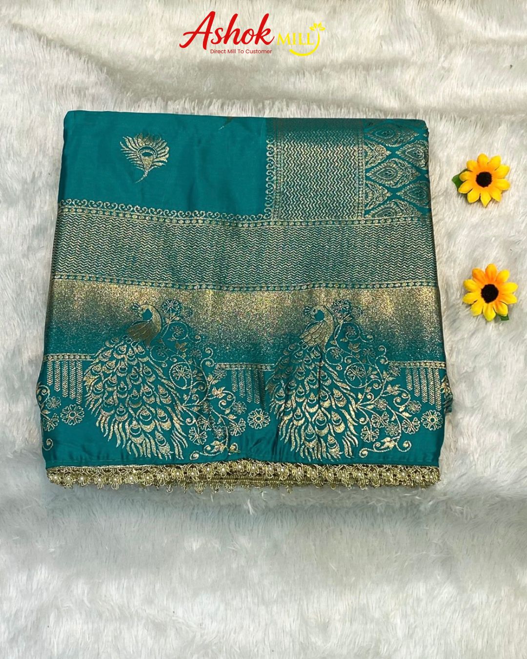 Rama Green Colour Soft Satin Silk Saree With Moti Border