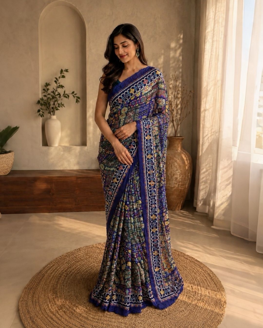 Purple Colour Chinnon Silk Mirror Work Saree