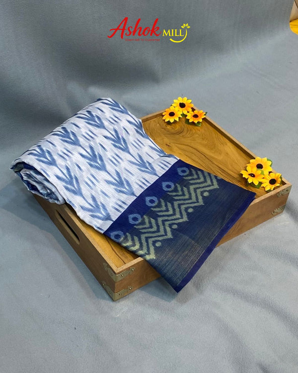 Blue Colour Cotton Ikkat Printed Saree