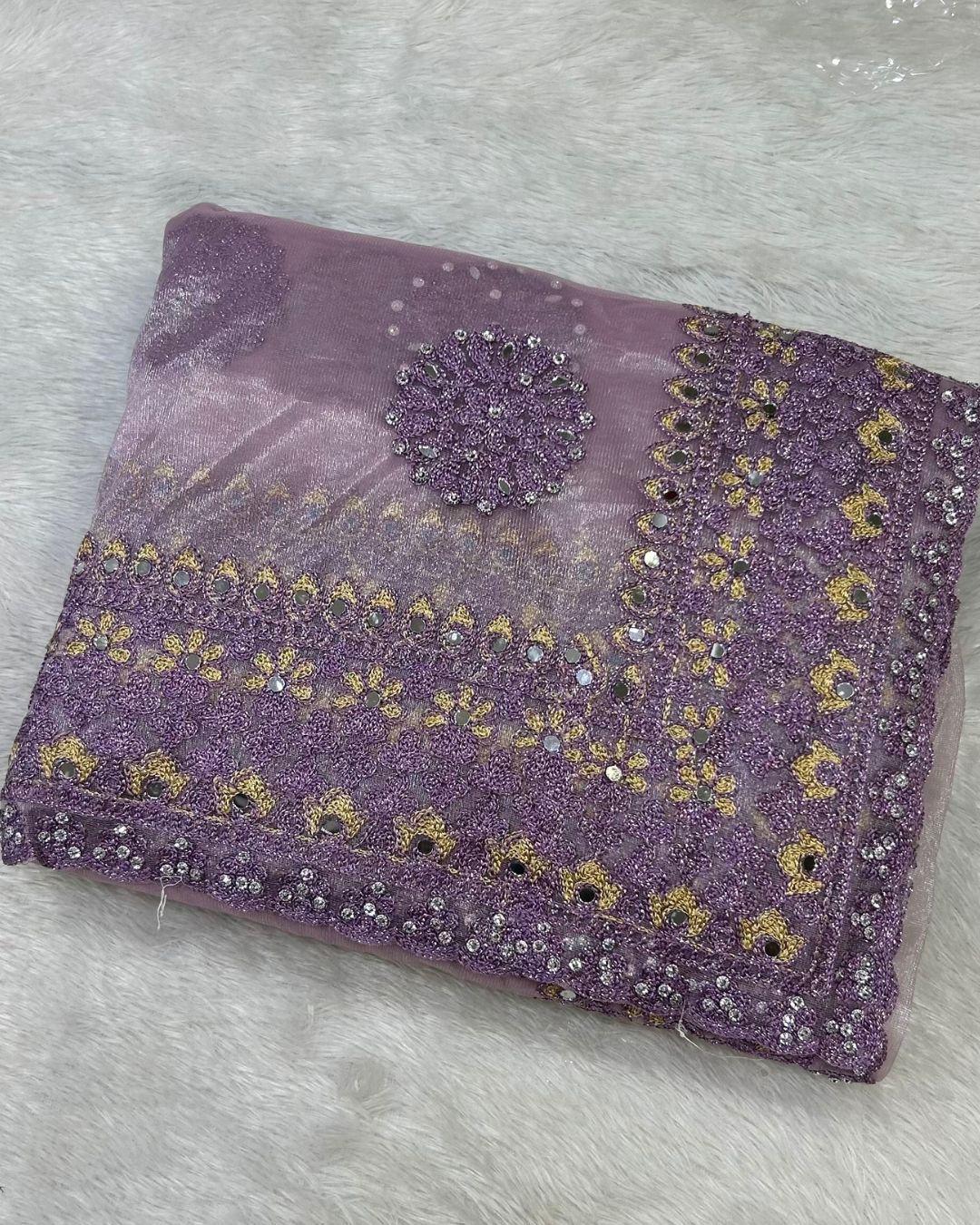 Lavender Colour Twill Net Mirror Work Saree