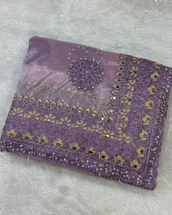 Lavender Colour Twill Net Mirror Work Saree