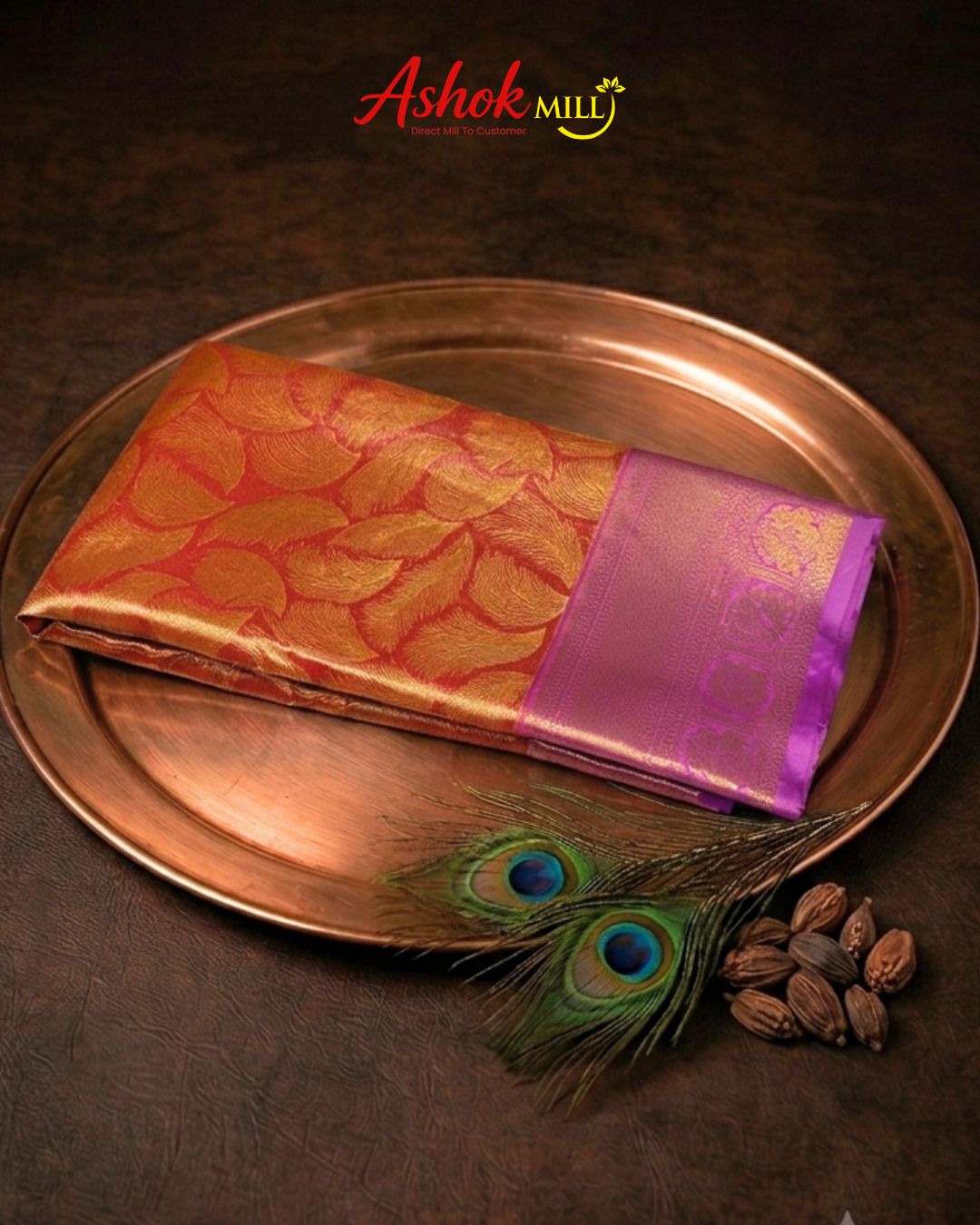 Peach Colour Kanjivaram Silk Saree with Contrast Border