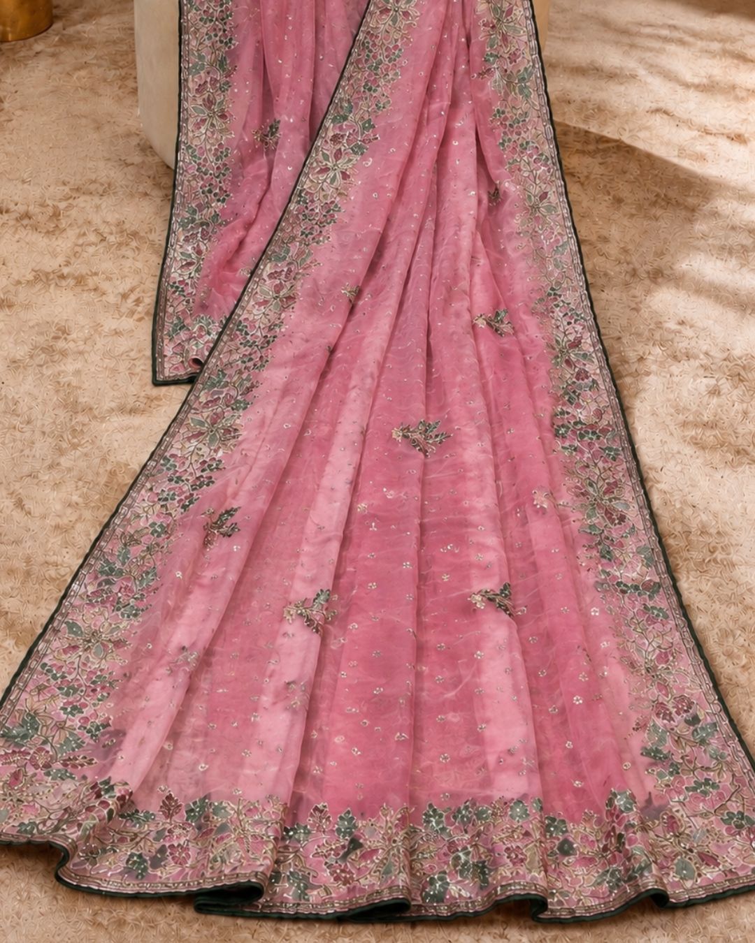 Onion Pink Shimmer Georgette Saree with Thread Work