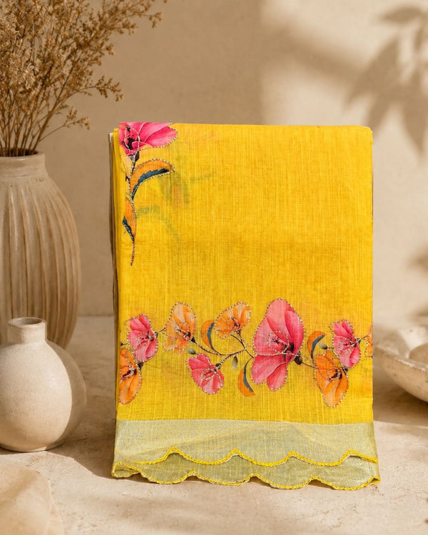 Yellow Colour Linen Cotton Digital Printed Saree