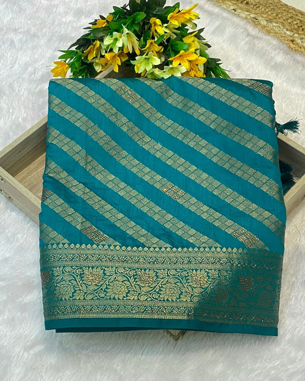 Peacock Blue Colour Vichitra Silk Swarovski Work Saree