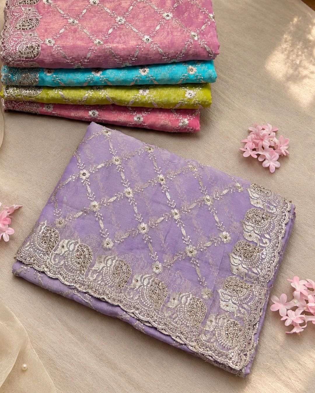 Lavender Colour Shimmer Chiffon Saree with Embroidery Work