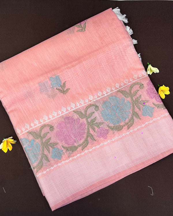 Peach Colour Cotton Floral Embroidery Saree