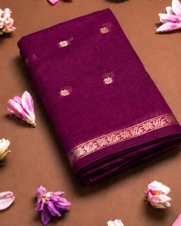 Wine Colour Maheshwari Cotton Saree with Contrast Blouse