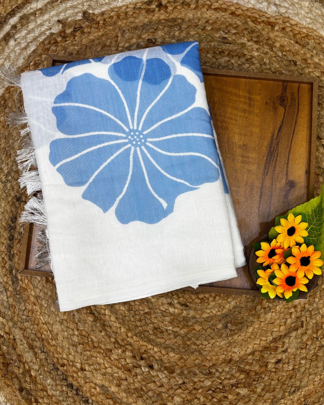 White Colour Linen Floral Cotton Saree