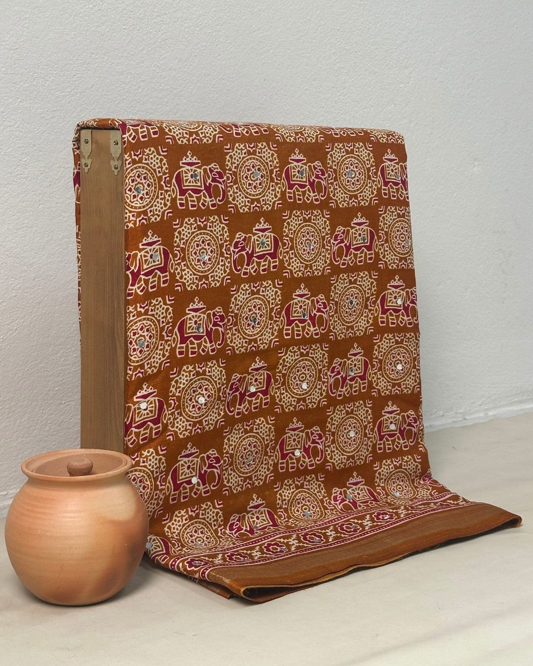 Mustard Yellow Colour Ajrakh Mirror Work Muslin Silk Saree