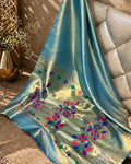Teal Blue Colour Shimmer Bamboo Tissue Silk Saree