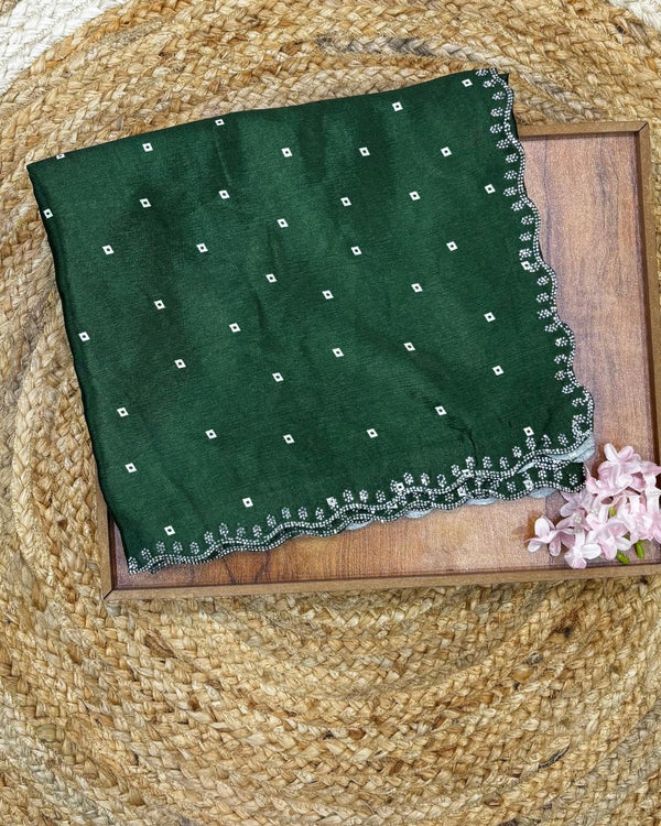 Forest Green Colour Chinon Silk Cut Work Border Saree