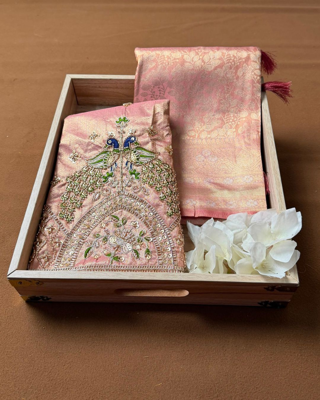 Peach Pink Colour Aari Work Blouse Tissue Silk Saree