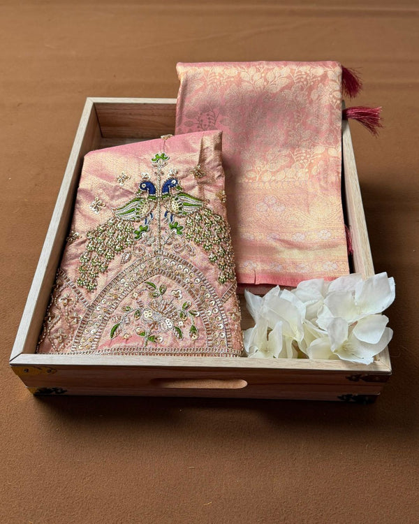 Peach Pink Colour Aari Work Blouse Tissue Silk Saree