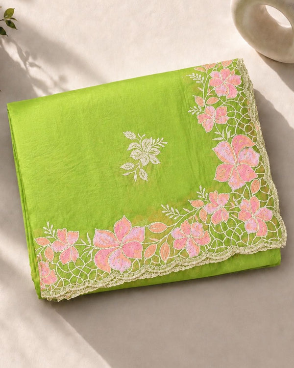 Lime Green Colour Crunchy Silk Thread Work Saree