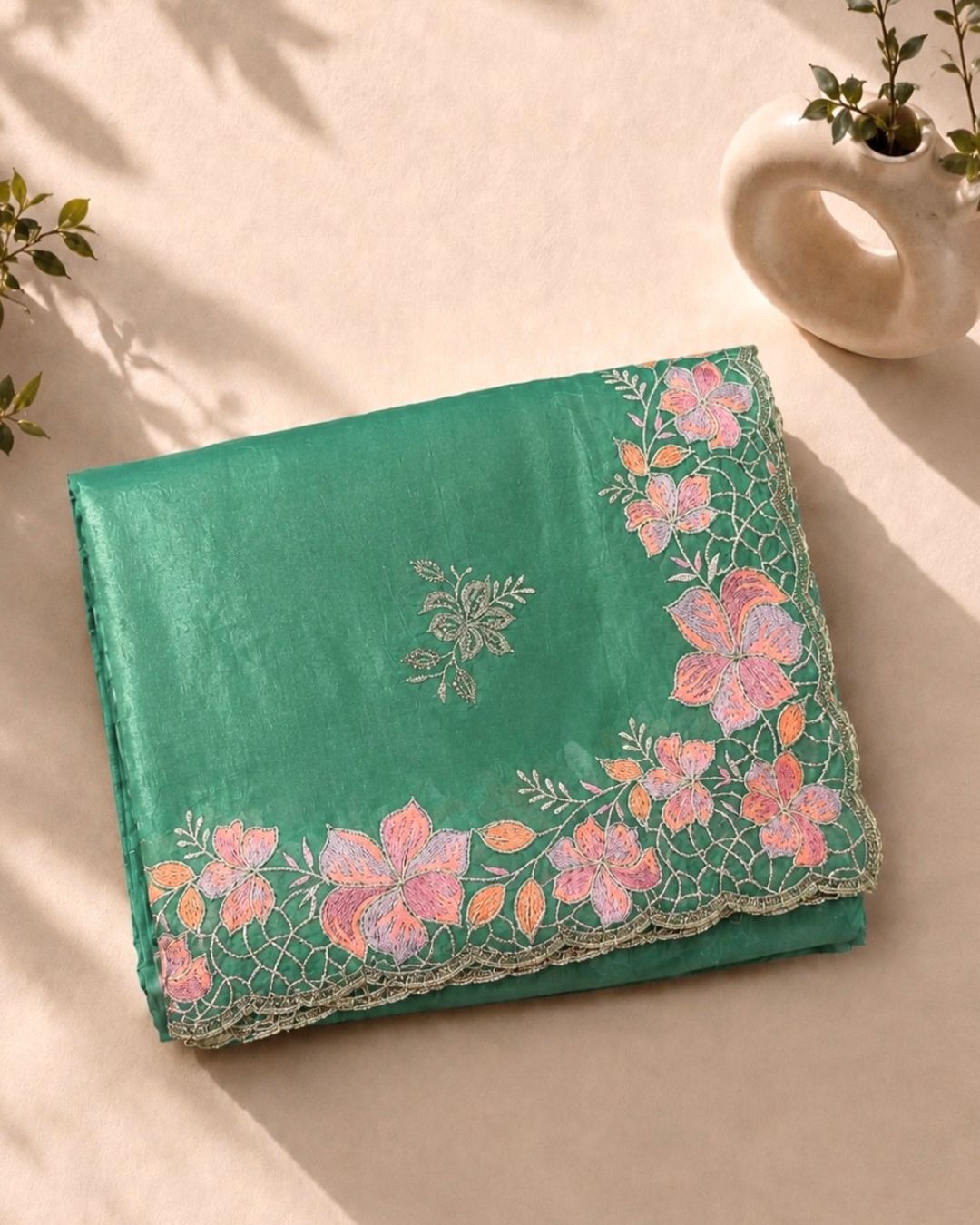 Teal Green Colour Crunchy Silk Thread Work Saree