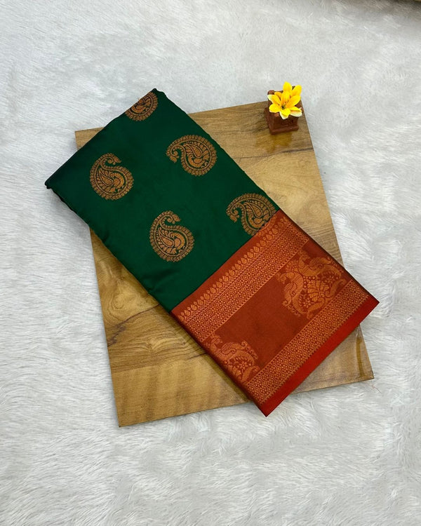 Dark Green Colour Semi Silk Saree