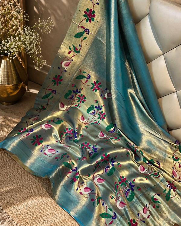 Teal Blue Colour Shimmer Bamboo Tissue Silk Saree