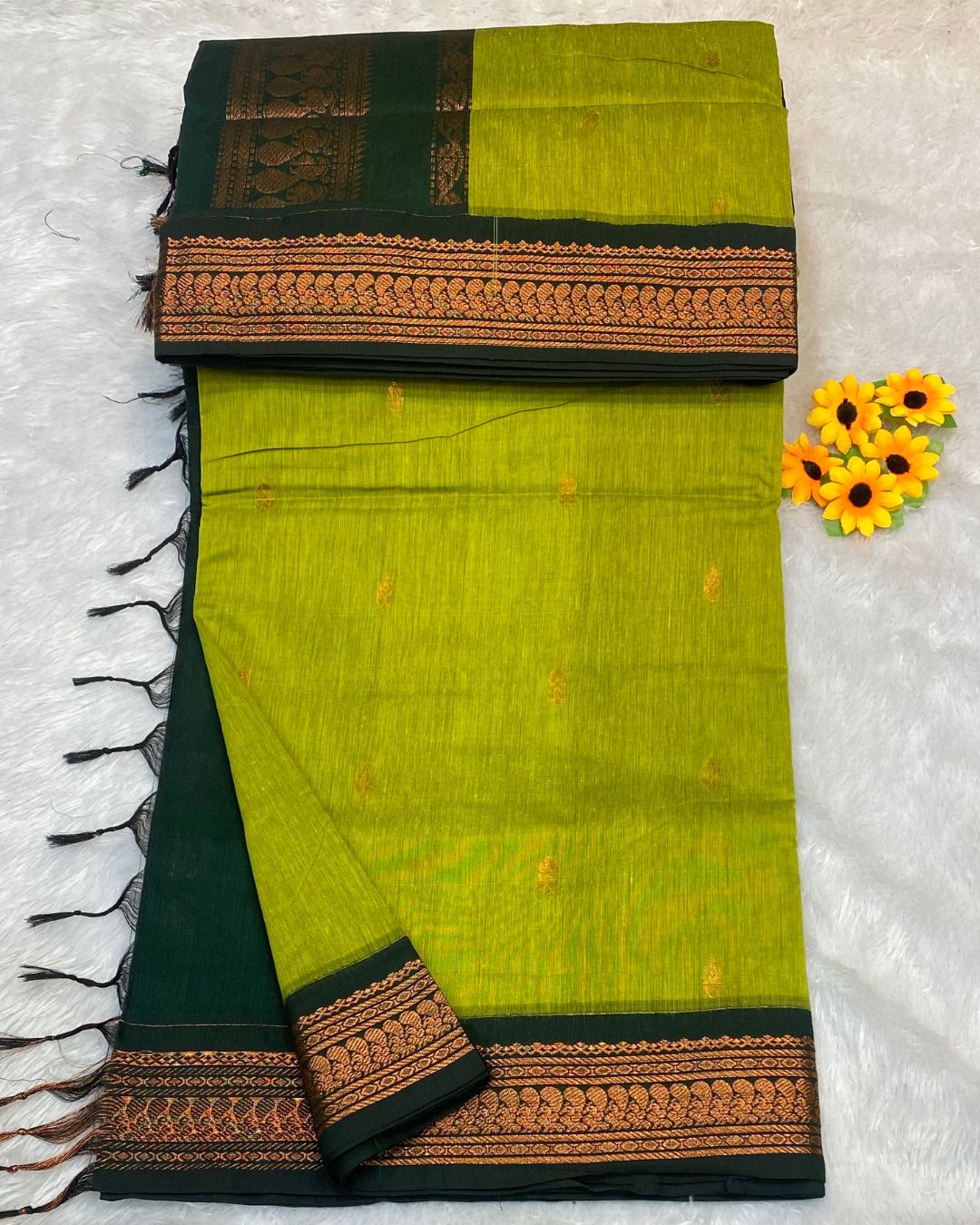 Dusty Parrot Green Colour Gadwal Cotton Silk Saree