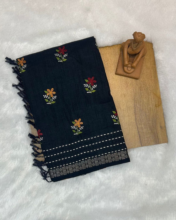 Black Colour Katha Work Cotton Saree
